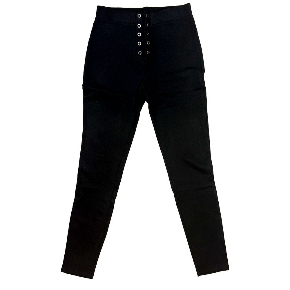 Black Moto Boho Leggings Rivets Faux Lace Up Small Comfy Stretch Edgy Chic Pants